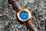 Aquacy Bronze CuSn8 Series Automatic Men's 200m Watch 44mm Black/Blue Dial Brown Strap