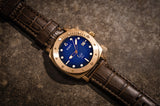 Aquacy Bronze CuSn8 Series Automatic Men's 200m Watch 44mm Black/Blue Dial Brown Strap
