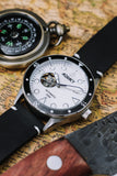 Aquacy Automatic White Mother of Pearl Dial Watch Front On Map
