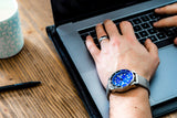 Aquacy Mesh Bracelet Watch Blue And Black On Wrist Computer
