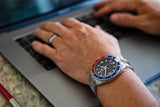 Aquacy Automatic Skeleton Watch Blue And Red On Wrist Computer