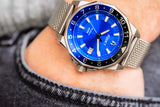Aquacy Mesh Bracelet Watch Blue And Black On Wrist