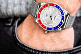 Aquacy Mesh Bracelet Watch Red Blue And Silver On Wrist