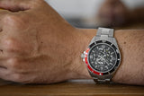 Aquacy Automatic Skeleton Watch Black And Red On Wrist 2