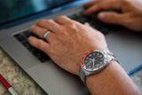 Aquacy Automatic Skeleton Watch Red And Silver On Wrist Computer